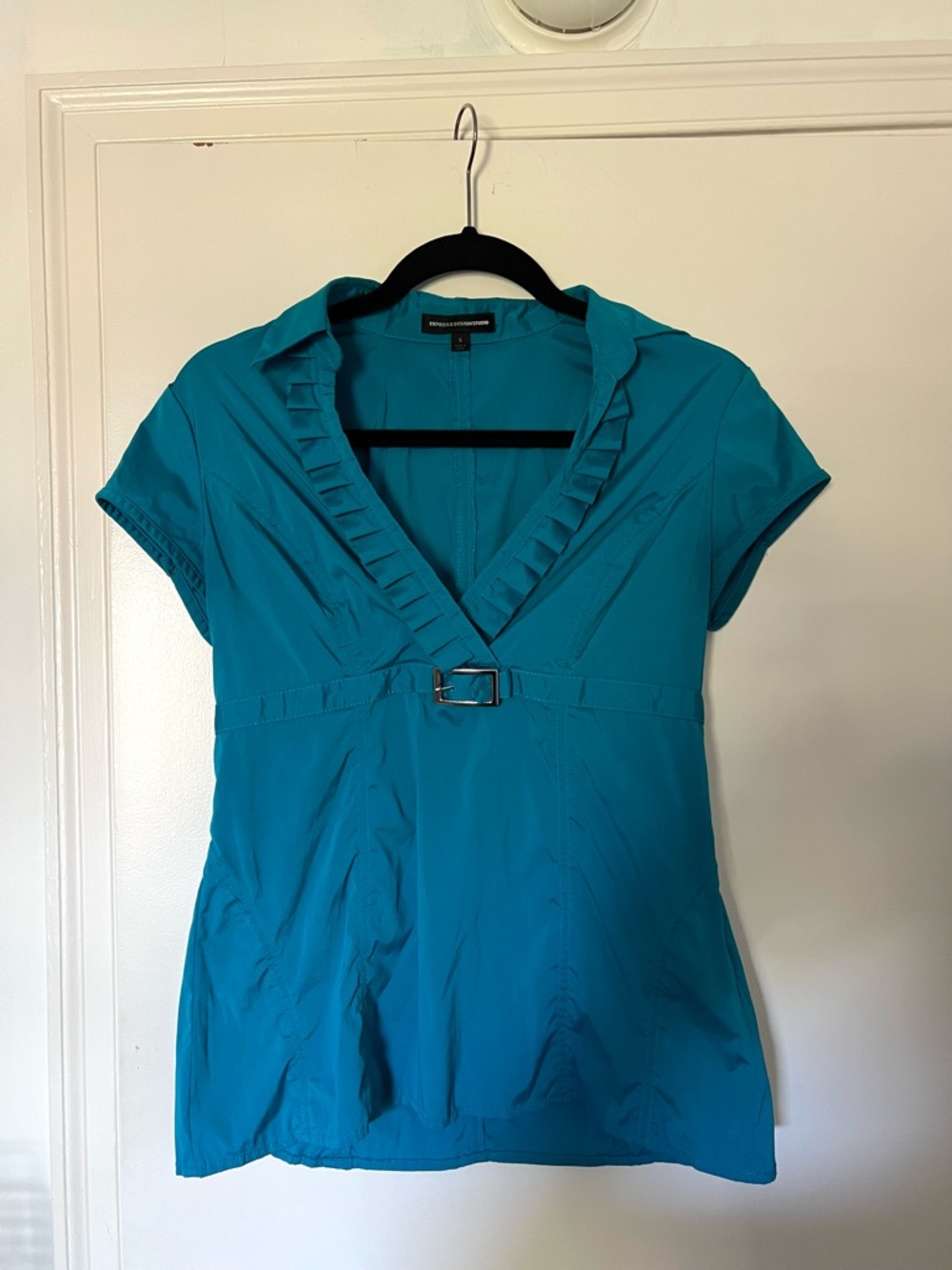 Express Teal Ruffled V-Neck Belted Women's Top